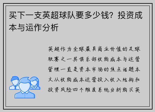 买下一支英超球队要多少钱？投资成本与运作分析