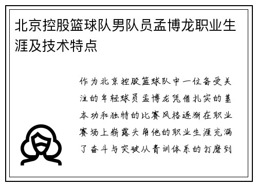北京控股篮球队男队员孟博龙职业生涯及技术特点