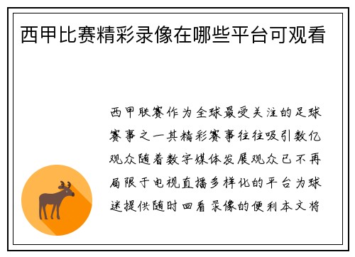 西甲比赛精彩录像在哪些平台可观看