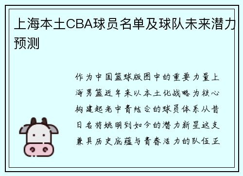 上海本土CBA球员名单及球队未来潜力预测
